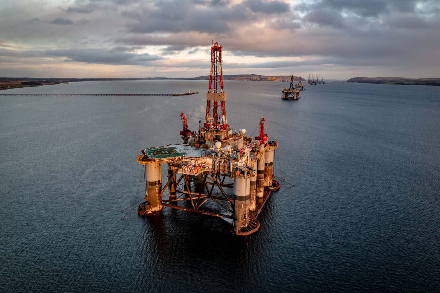 Sunset View of an Oil and Gas Rig and Platform at Sea