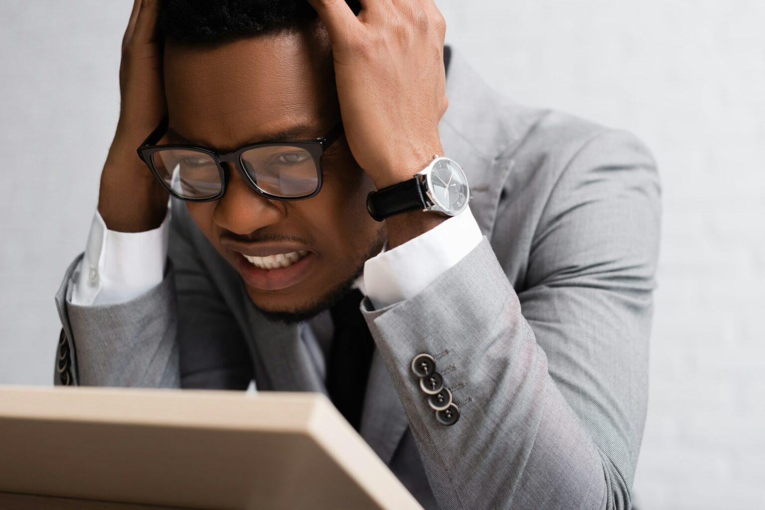 stressed african american speaker having panic attack on business conference in office